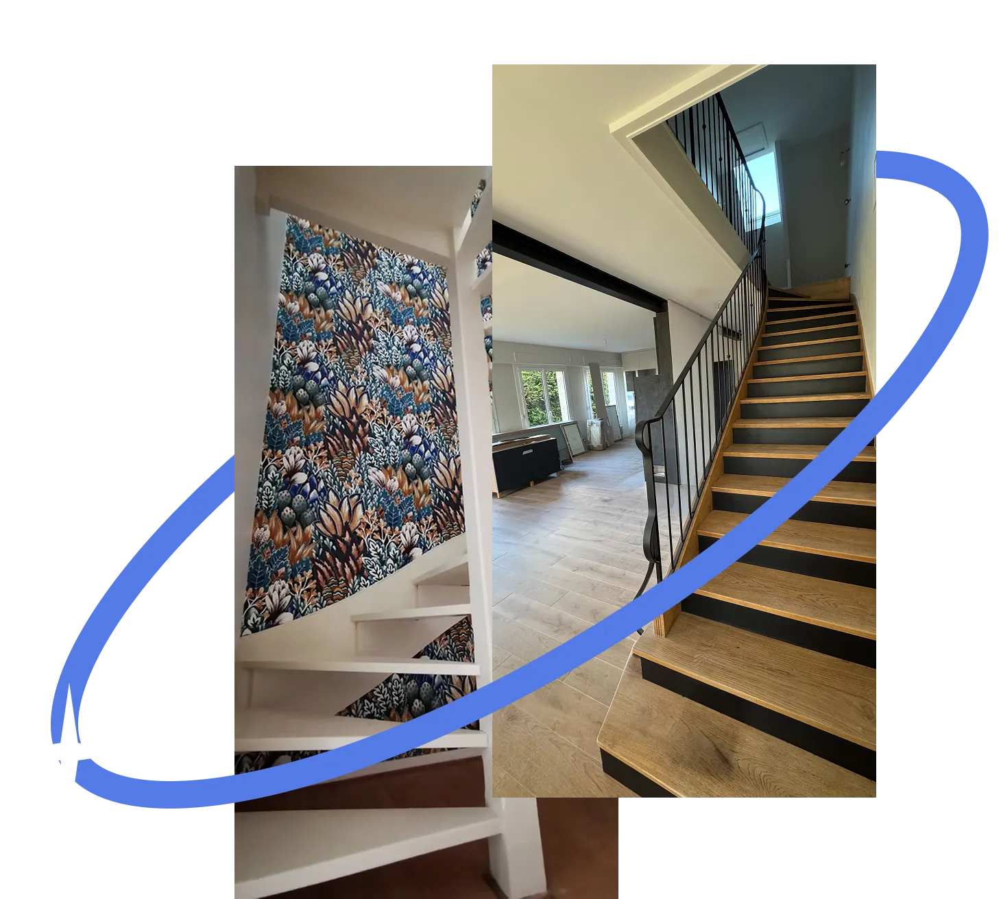 Intérieur moderne avec escalier en bois et métal, papier peint floral coloré et espace ouvert lumineux